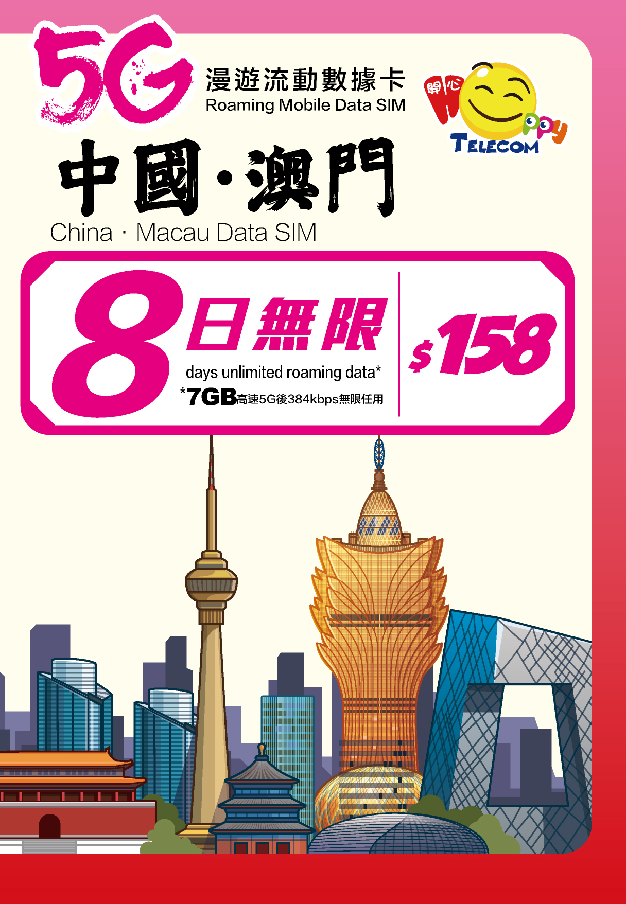 Happy Telecom 中國 澳門8日 5G漫遊數據卡上網咭 (FUP 7GB)可使用Whatsapp Facebook 等社交APP 中澳 內地 大陸 深圳 珠海 中國聯通 啟用期限:31-12-2025