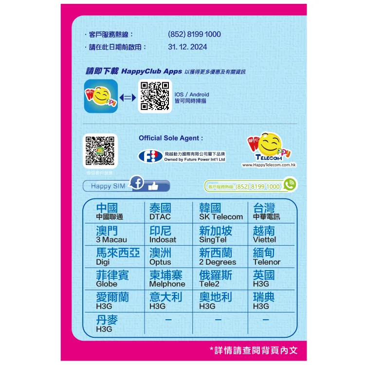 Happy Telecom 環球多國30日無限數據卡 (FUP 5GB) 旅遊流量卡 SIM卡