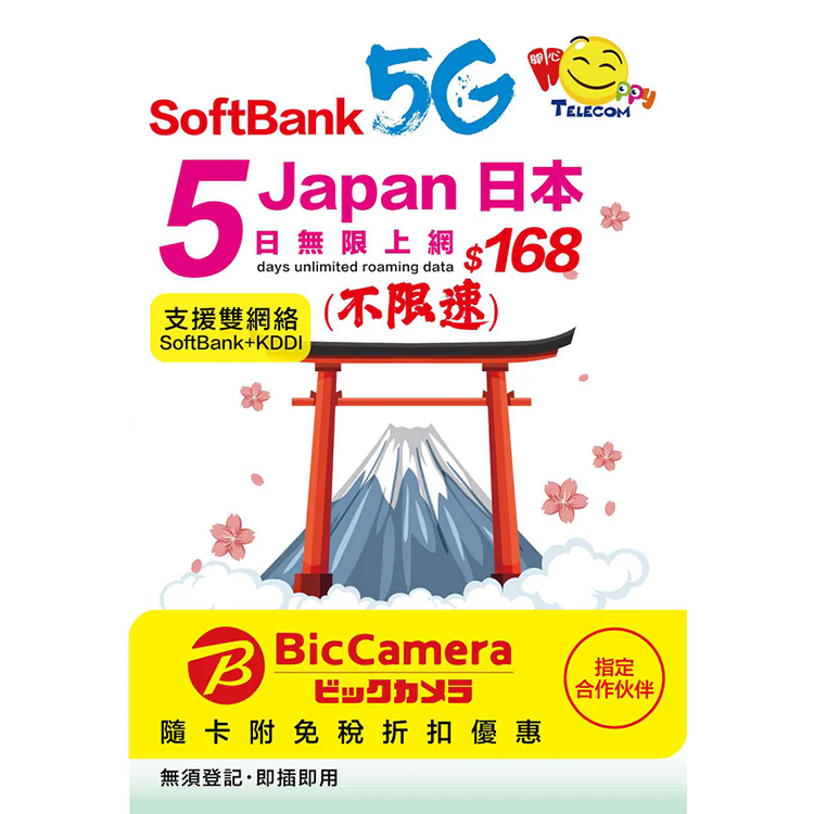 【不限速】日本 Sofbank 5日 5G 無限數據