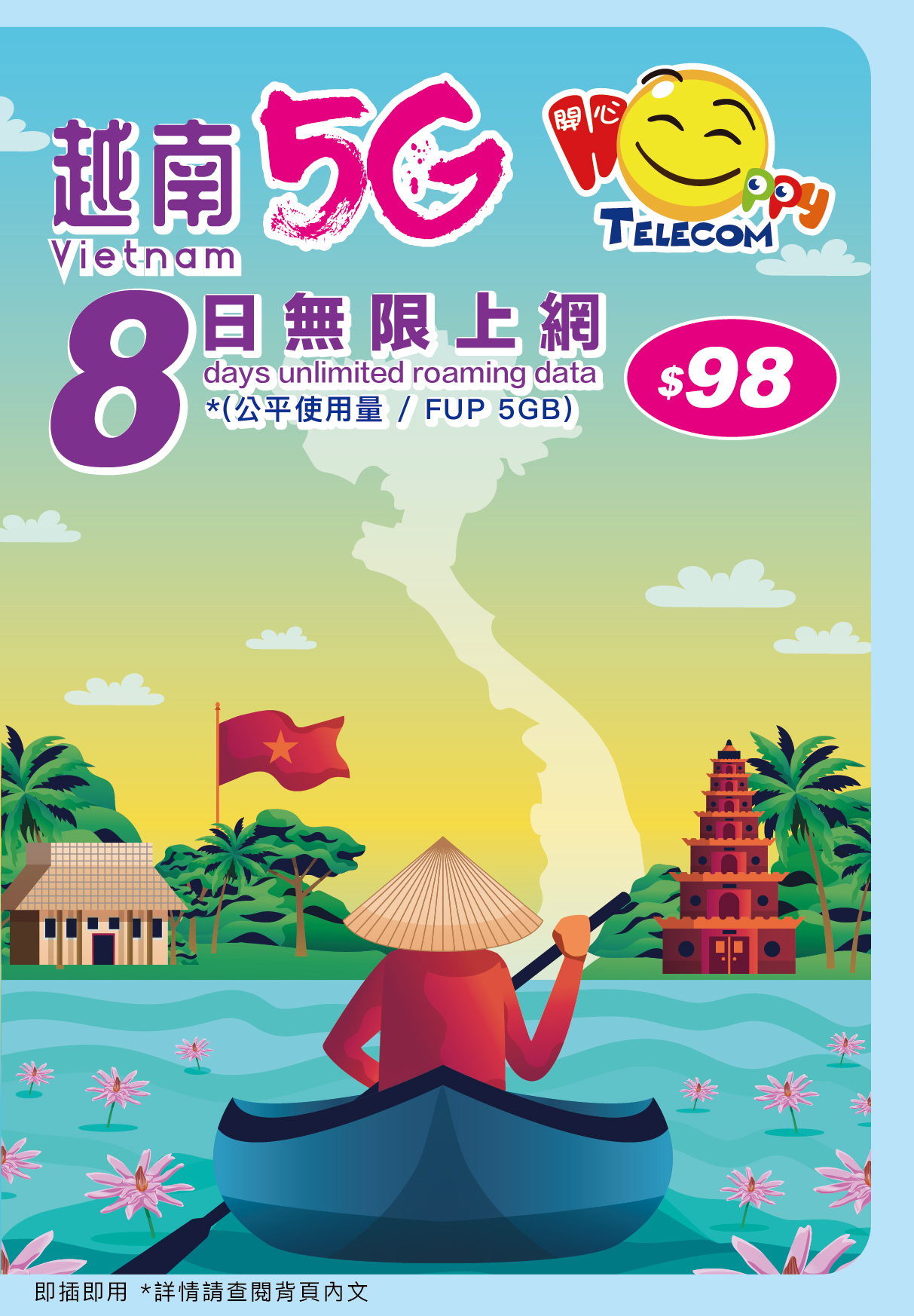Happy Telecom 越南 5G漫遊流動數據卡 8日 (FUP5GB) 富國島旅行上網卡旅遊SIM咭 最後啟用日期 31-12-2025