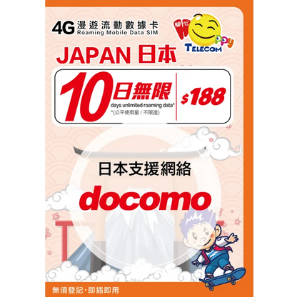 Happy Telecom Japan 10-day unlimited data card with unlimited speed (Docomo)