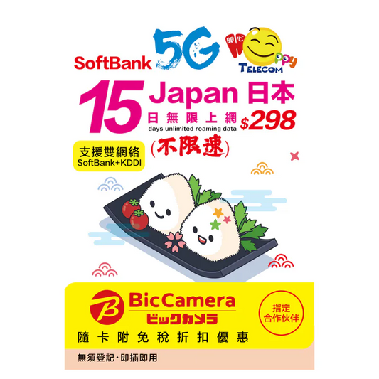 [Unlimited speed] Japan Sofbank 15-day 5G unlimited data card