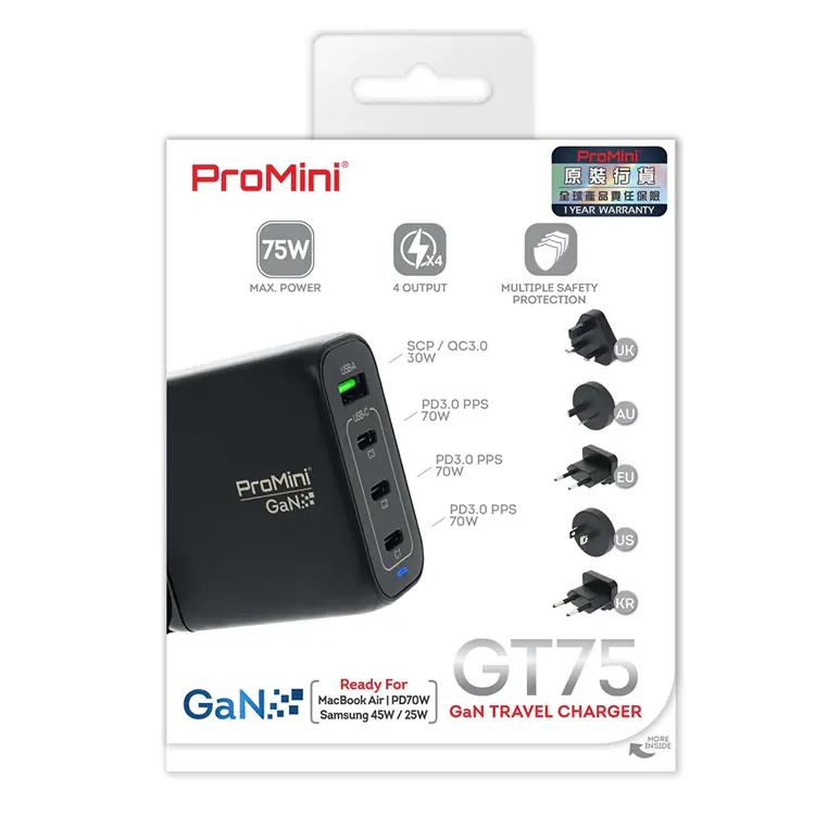 ProMini GT75 Tri-PD+QC GaN 75W Travel Fast Charger