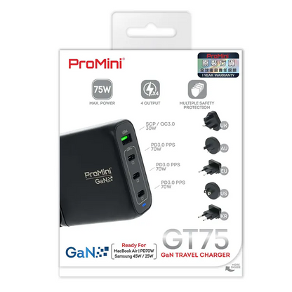 ProMini GT75 Tri-PD+QC GaN 75W Travel Fast Charger