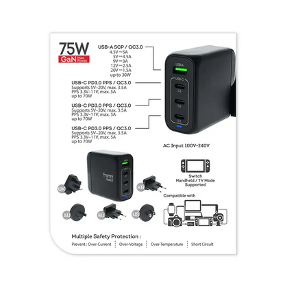 ProMini GT75 Tri-PD+QC GaN 75W Travel Fast Charger