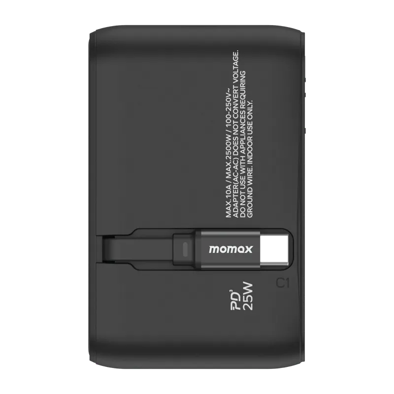 MOMAX 1-World+ 25W 3-插口 內建 USB-C 充電線 + AC 旅行充電插座