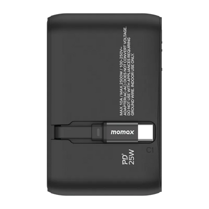 MOMAX 1-World+ 25W 3-插口 內建 USB-C 充電線 + AC 旅行充電插座