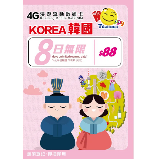 Happy Telecom Korea 8-Day Unlimited Data Card (FUP 3GB)