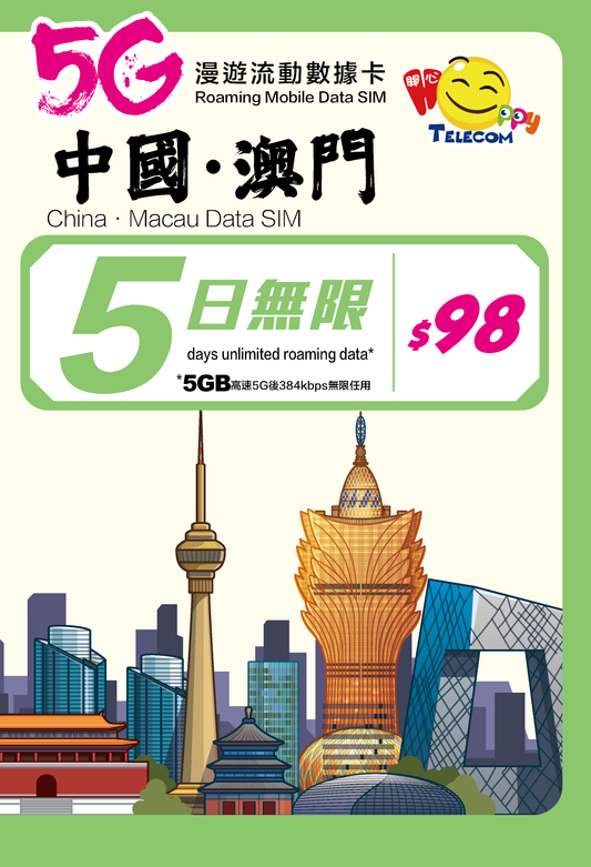 Happy Telecom 中國 澳門5日 5G漫遊數據卡上網咭 (FUP 5GB)可使用Whatsapp Facebook 等社交APP 中澳 內地 大陸 深圳 珠海 中國聯通 啟用期限：31-12-2025