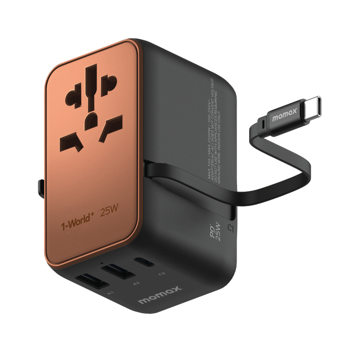 MOMAX 1-World+ 25W 3-插口 內建 USB-C 充電線 + AC 旅行充電插座