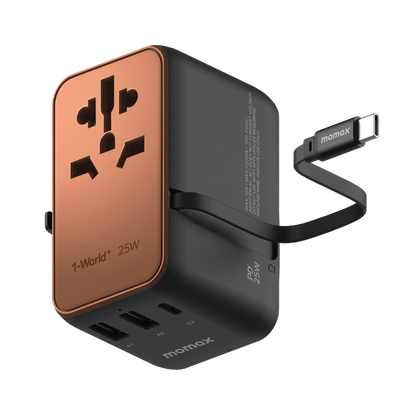 MOMAX 1-World+ 25W 3-插口 內建 USB-C 充電線 + AC 旅行充電插座