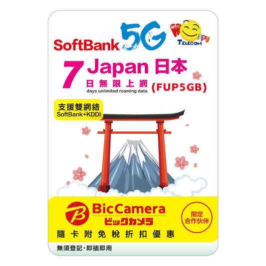 Happy Telecom 日本 7日 (Fup 5GB) | 5G無限數據卡 旅遊旅行上網咭Travel SIM Japan