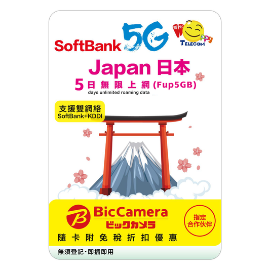 Happy Telecom 5G 日本 5日 (Fup 5GB) 無限數據卡 旅遊旅行上網咭Travel SIM Japan