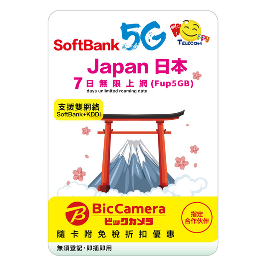 Happy Telecom 5G 日本 7日 (Fup 5GB) 無限數據卡 旅遊旅行上網咭Travel SIM Japan