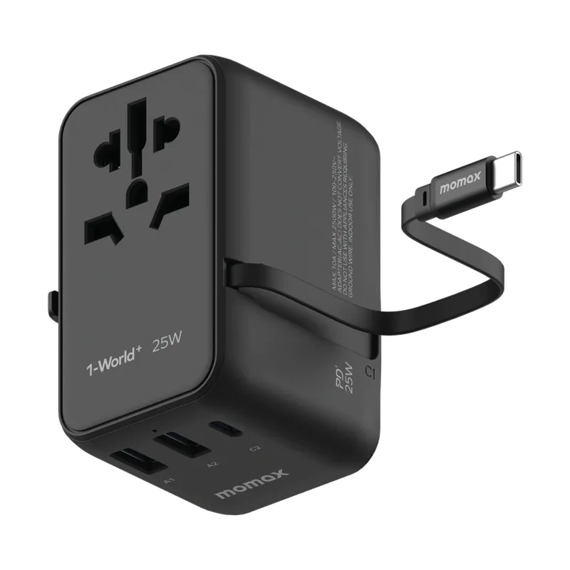 MOMAX 1-World+ 25W 3-插口 內建 USB-C 充電線 + AC 旅行充電插座