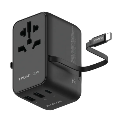 MOMAX 1-World+ 25W 3-插口 內建 USB-C 充電線 + AC 旅行充電插座